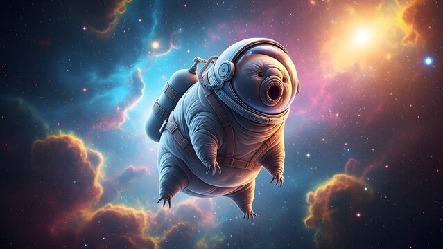 An astronaut tardigrade ("water bear") floating through a vibrant, microscopic nebula.