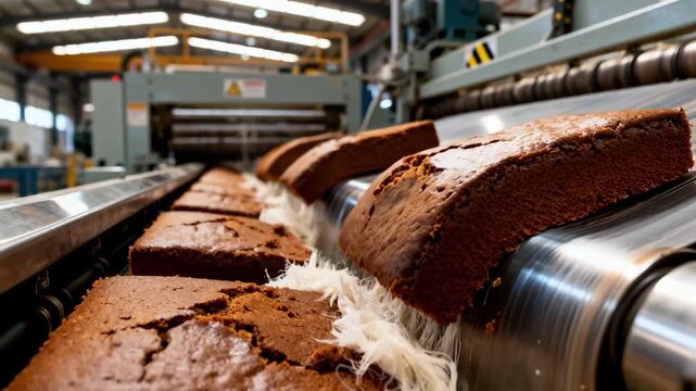 Close medium shot capturing the interface of conveyors carrying moist cake and fiber through semiopen factory settings highlighting integrated processing flows.