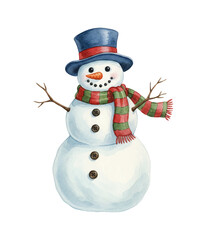 Cheerful Snowman with Blue Top Hat Red Scarf and Twig Arms Watercolor Illustration on White Background