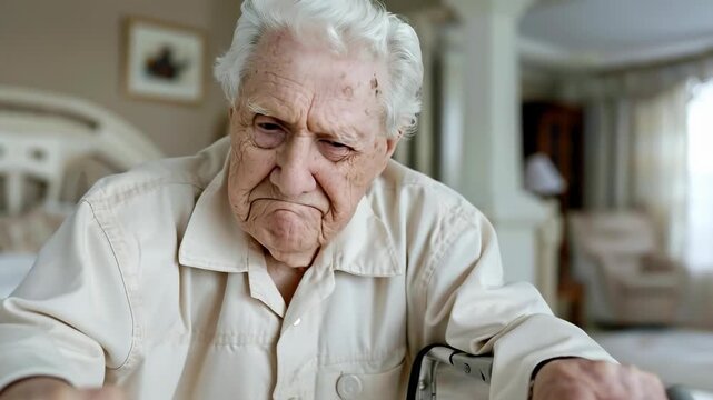 Elderly gentleman experiencing a critical Ischemic or Hemorrhagic stroke. He appears distressed and confused, showing signs of a possible Transient Ischemic Attack or minor neurological event.