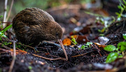 Adult Kiwi Foraging in Damp Rainforest Soil After Rain