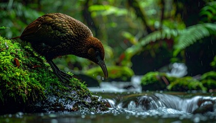 Kiwi Bird Drinking from a Mossy Forest Stream at Twilight