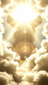 Sacred depiction of Jesus Christ rising toward the divine firmament, arms open, encompassed by glorious golden clouds and heavenly radiance. Spiritual ascension.