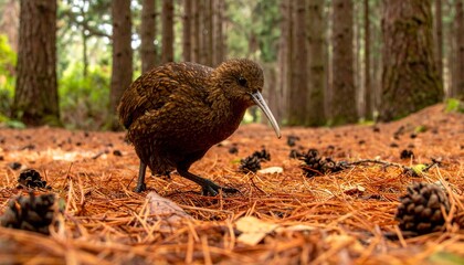 Kiwi Bird Walking Through Misty Pine Plantation Floor