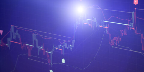 Abstract Forex Trading Candlestick Chart Background With Technical Indicators and Purple Neon Light