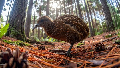 Kiwi Bird Walking Through Misty Pine Plantation Floor