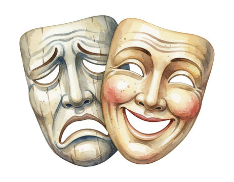 Comedy and tragedy theater masks showing happy and sad expressions in detailed watercolor art