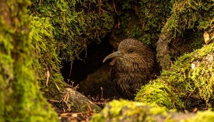 Kiwi Bird Sheltering Among Tangled Southern Beech Tree Roots