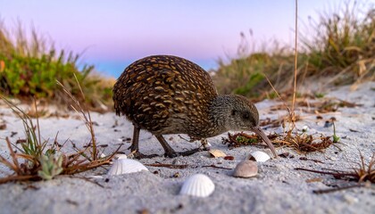 Little Spotted Kiwi Foraging in Coastal Shrubland at Dusk