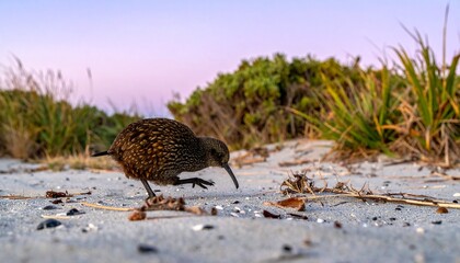 Little Spotted Kiwi Foraging in Coastal Shrubland at Dusk