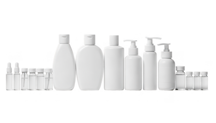 Collection of unbranded generic dandruff treatment bottles arranged in a row on a white background showcasing overthecounter options without branding or labels.