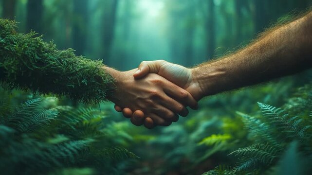 Harmony of Hands: Two hands, one entwined with nature's embrace, clasp in a gesture of unity, embodying an alliance between humanity and the environment.