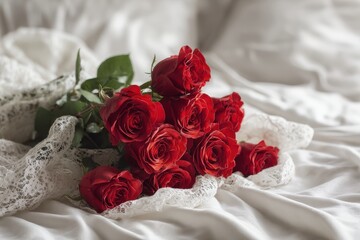 Romantic Deep Red Roses Bouquet Elegantly Arranged on Soft White Silky Fabric with Intricate Lace.