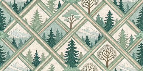 Winter landscape seamless pattern with pine forest mountains and diverse trees set in a diamond grid design