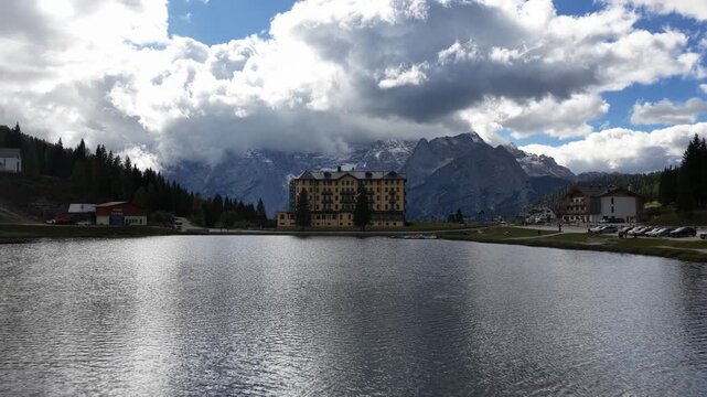 Scenic lake misurina landscape with majestic dolomites mountains