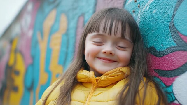 A young girl with her eyes closed, smiling broadly as she leans on a wall adorned with vibrant graffiti art. Her long hair is swept to one side and she wears a cheerful yellow jacket.