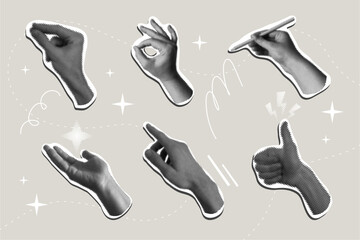 Hand gesture set collage halftone hands making, showing or pointing. Retro Trendy pieces, signs collection. Cut out emoji stickers with doodle elements.