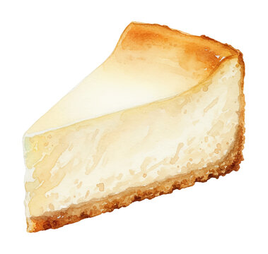 Delicious classic cheesecake slice with a golden brown crust in soft watercolor painting on white background
