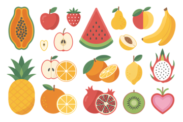 Assorted tropical fruit icons collection featuring whole and sliced papaya apple strawberry watermelon and more