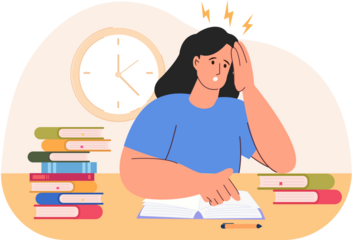 stressed woman studying before college hard exam preparing for test vector illustration