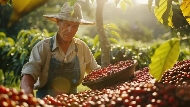 A man wearing a straw hat and overalls is carefully inspecting ripe red coffee cherries.
