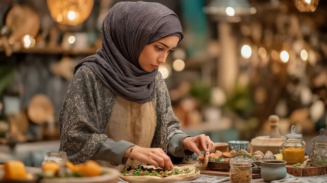 During the evening of Eid Mubarak, a Middle Eastern Muslim woman wearing a headscarf prepares food and sets the dinner table for a family feast.