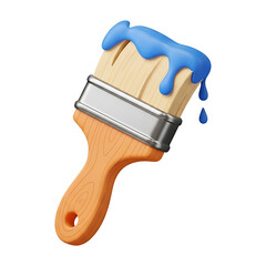 3D paintbrush with wooden handle and blue paint dripping from bristles, home renovation tool for interior design projects