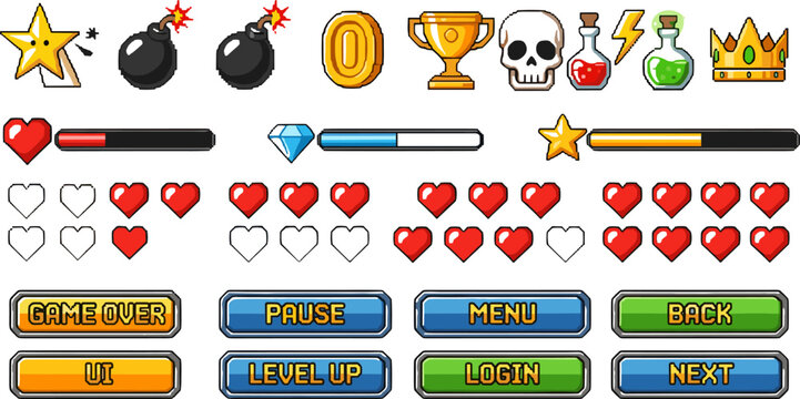 Colorful game UI icon set, hearts, potions, coins, buttons, progress bars, trophies, and symbols for mobile or casual game interface