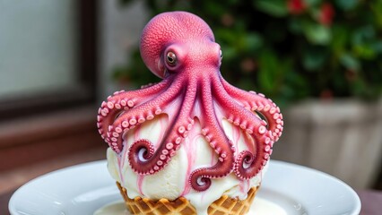 Big Pink Octopus Melting Over Ice Cream Creative Summer Dessert Concept.