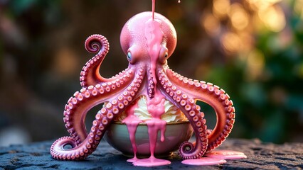 Big Pink Octopus Melting Over Ice Cream Creative Summer Dessert Concept.