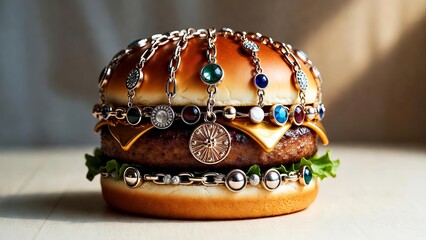 Jewelry Burger Aesthetic Fast Food Concept with Chains and Beads.
