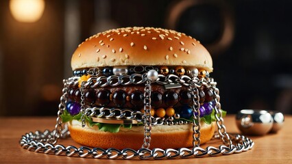 Jewelry Burger Aesthetic Fast Food Concept with Chains and Beads.