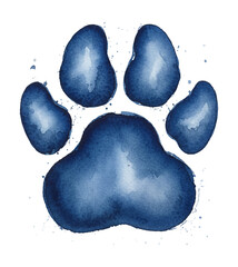 Blue watercolor paw print with subtle splatters on a white background an artistic animal trace © slowbuzzstudio