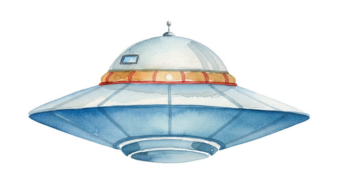 Watercolor illustration of a classic blue and grey flying saucer UFO spaceship with a window and antenna