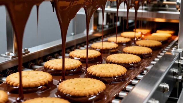 Conveyor belt carrying biscuit centers through a flowing chocolate curtain in a modern chocolate enrobing machine highlighting crisp textures and glossy coating.