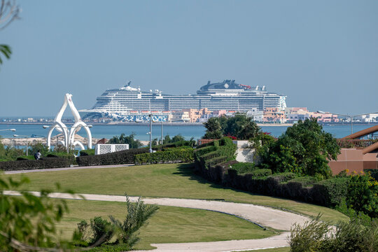 Doha, Qatar - January 18, 2026: The MSC Euribia cruise ship docked in Mina Port Doha city The ship is named after the ancient Greek sea goddess and carries over 6300 guests and crew since 2023