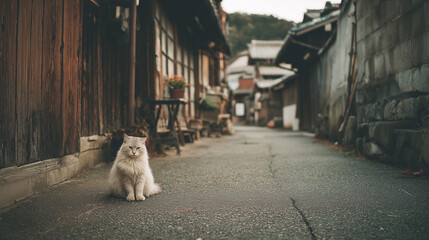 Cat sitting in a quiet retro Japanese alleyway with traditional wooden houses