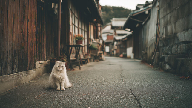 Cat sitting in a quiet retro Japanese alleyway with traditional wooden houses