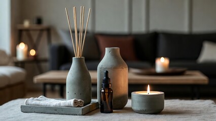 Gray Concrete Vessels with Reed Diffuser Candle and Tray on Coffee Table in Minimalist Living Room.