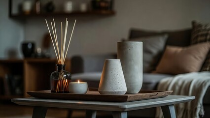 Gray Concrete Vessels with Reed Diffuser Candle and Tray on Coffee Table in Minimalist Living Room.