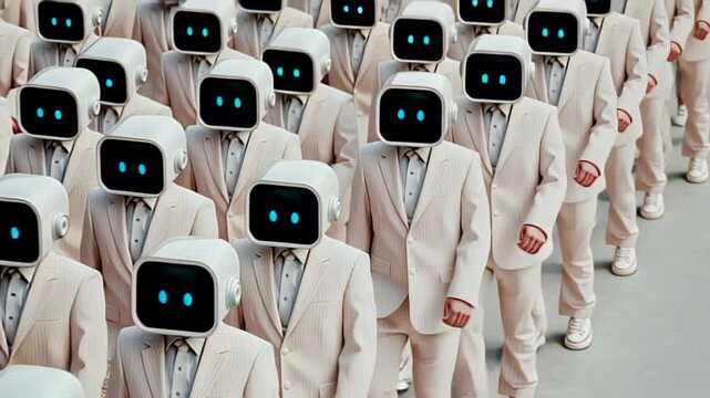 Row of robots in white suits marching in unison symbolizing future workforce automation