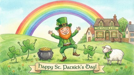 Obraz premium Happy St Patrick's Day Leprechaun Rainbow and Pot of Gold Illustration