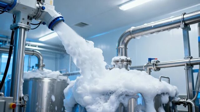 Medium shot of automated cleaninginplace system applying dense foam to sanitize industrial pipes and tanks in a hygienic production environment.