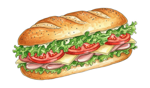 Delicious watercolor illustration of a fresh submarine sandwich with crispy lettuce juicy tomato ham and cheese