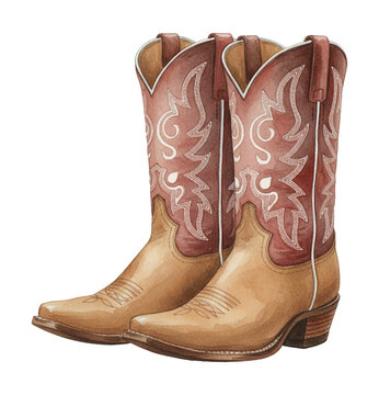 Detailed watercolor illustration of classic western cowboy boots with red and tan leather and white stitching