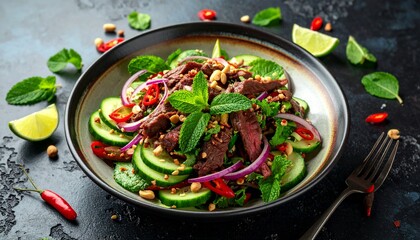 Fresh salad with beef, vegetables, herbs, and lime served on a dark table with mint leaves and chili