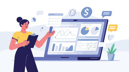 A cheerful woman presents financial data analytics and business metrics on a laptop screen with various icons