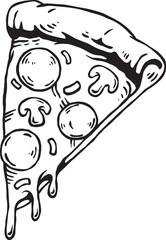 Pizza Slice Melting Cheese Hand Drawn Black and White Vector Illustration, Food Artwork Design