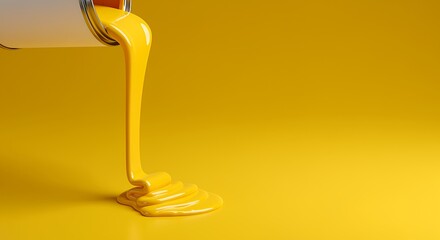 Yellow paint pouring from a can on yellow background