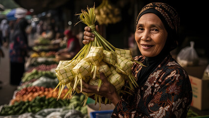 A cheerful vendor proudly showcases her handcrafted ketupat, a staple of cultural celebrations, at a bustling traditional market in Southeast Asia